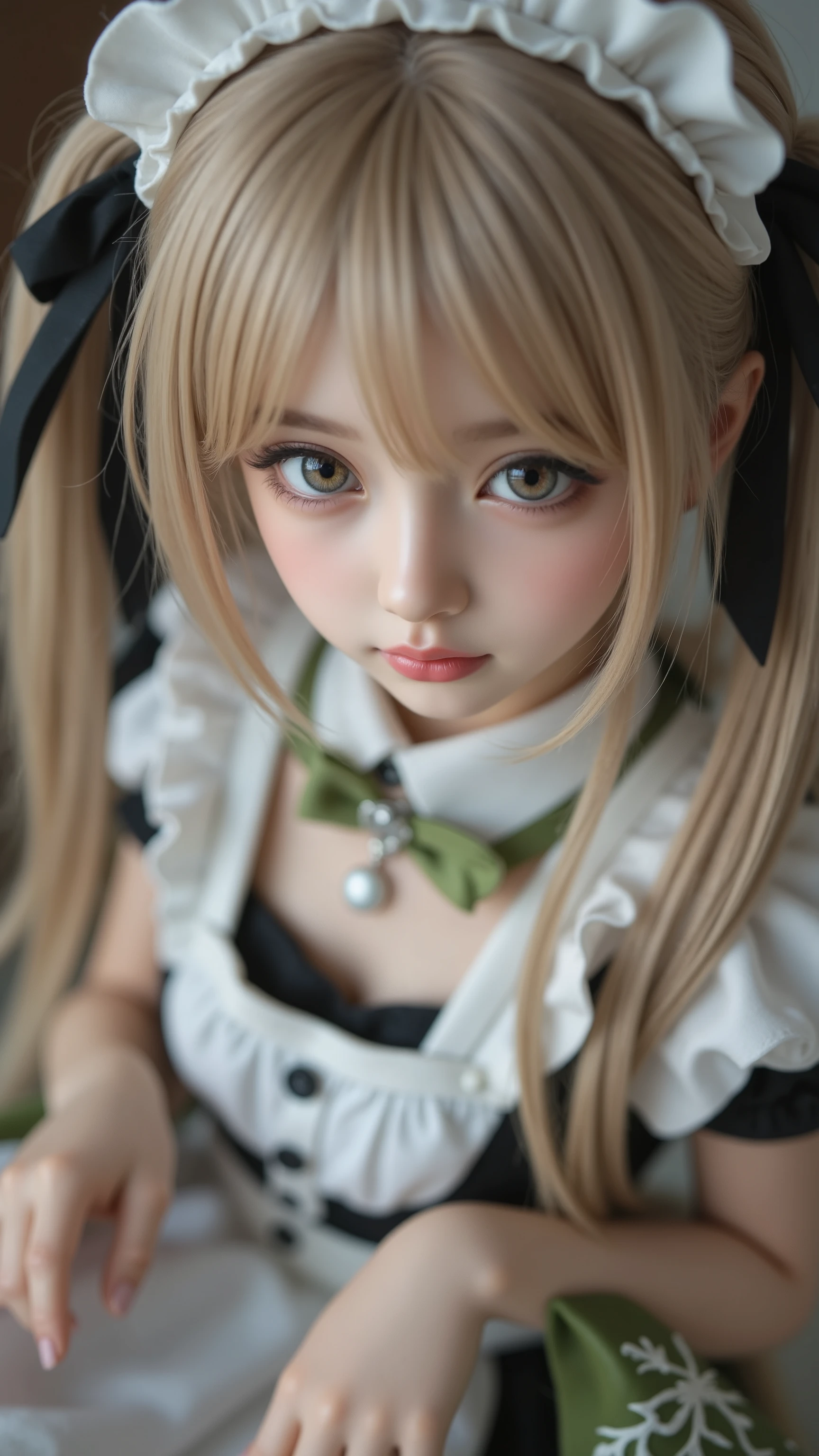 table top, (top quality, best quality, masterpiece), figure, 非常にdetails, details, high resolution, 8K Wallpaper, 完璧なダイナミックな構figure, ((close:1.3, from above, View your viewers)), beautiful fine detail , (Wearing a cotton maid outfit, , cute ruffle girl dress, maid headband, The base color is white、black、green),twin tails, (perfect )