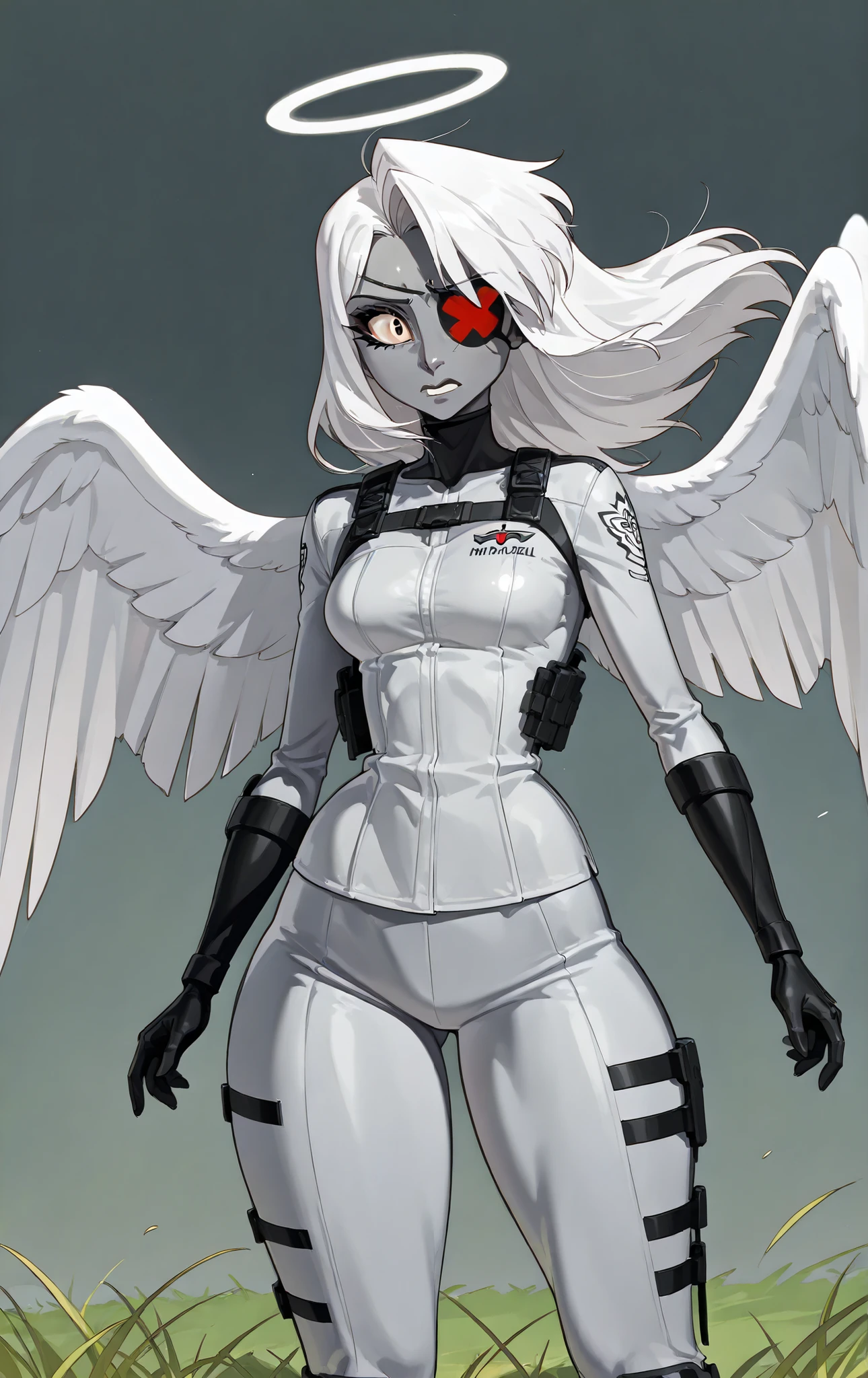 1woman, long white hair, eye patch on left eye, athletic feminine build, white angel wings, Gray skin , dressed in fitted white tactical suit with black elements, standing on grass under bright sky, isolated and flat background, firm posture, expression neutral, looking straight ahead, Feminine curvy appearance, medium breasts, thick thighs
