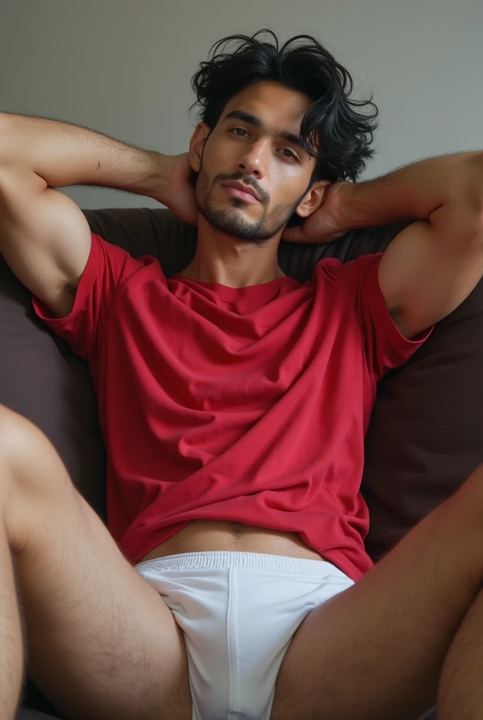 A muscular white man, tem bigode, he is lying on the bed with his arms crossed behind his head, shirtless and very sweaty in red underwear, he is sleeping having an erotic dream 