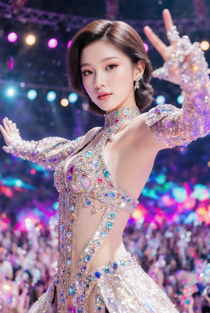 Ultra-grand scenes,The ultra-wide-angle lens captures the appearance of a half-dressed Circe dancer in the exterior scene where many scenes of the multiverse converge into the landscape,She dances ethereally on the water。The dance magic possessed by the versatile Circe dancer allows her to constantly change her outfit and can have multiple styles at the same time,So that she can always integrate background elements and transform her own clothing style at will,She always has a flying rainbow cloak with her,The gradient rainbow cape is an extra-long trailing cape composed of different styles and different colors, different materials and different styles of small parts,This makes the dance of the versatile Circe dancers noble and elegant,The dancing trajectory is accompanied by the glare of neon and magical stars,And blend in with the environment to add a sense of atmosphere,Sensory stimulation is intense。The super-tall sexual characteristics of the versatile Circe dancer include::Large K-cup teardrop-shaped chest with enlarged contour/Narrowed sternum/Kaziran's huge neon glitter gemstone eyes/Charming face/Makeup/Slender neck/Smooth shoulders and beauty collarbone/Slender and fair slender arms/Physiologically normal graceful hands/The body without a trace of excess flesh has sexy and attractive concave and convex lines/Narrow petite sexy funnel-shaped thin waist/The waist and abdomen of the tight toned body have a waistcoat line/Petite and delicate butterfly cross/Round peach-shaped sexy buttocks/Super slender and slender legs/White thin feet/Stepping on Skyscraper Heels/Colorful hair/Halo crown/Beautiful tattoos/Fashionable ornaments are worn on the wrists and waist and neck/Accessories surrounded by glow and neon lights,The body shimmers with enchanting colorful brilliance。Use midjourney's advanced brush tools and palettes, as well as tools like texture packs and model packs for the skin of a versatile Circe dancer/garments/The rainbow cape gives intricate textures