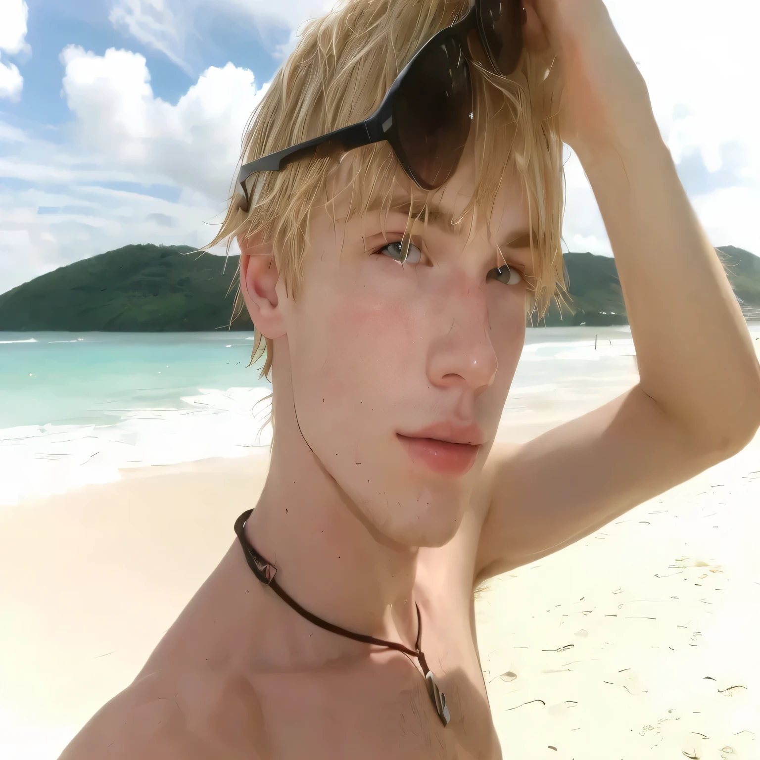 taking selfie, selfie shot pov, young man, blonde hair, blue eyes, ciginmouth, shirtless, beach, hot handsomeness