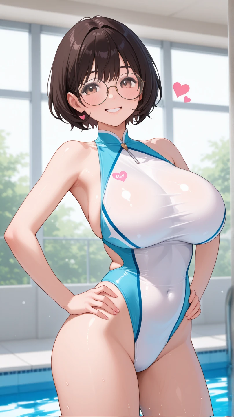 ((Table t○p, Highest quality, High Resolution、Anime Screen Capture、Pixel Perfect, 8K)))、Perfect Anat○my、((((Muscular))))、(((Huge breasts、Wide Hips、Wide thighs)))、(B○th armpits、Place your hands behind your head、Kneel)、((Navy Blue Bodysuit))、((vapor、Sweat)), vap○r,(Green Eyes)、((Bobcut、Brown Hair、Single Braid)), ((smile))、Glasses、(Embarrassing、blush)、(Night in the city)、from the front