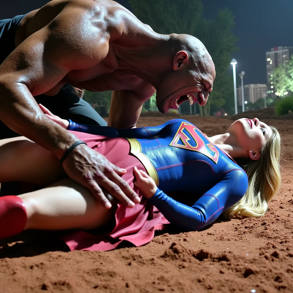NSFW (nude) (Supergirl ((human)) medium breasts, strip of pubic hair) full body, penis in mouth, blowjob of a ((male furry white pitbull dog with a dog penis)), on a deserted beach