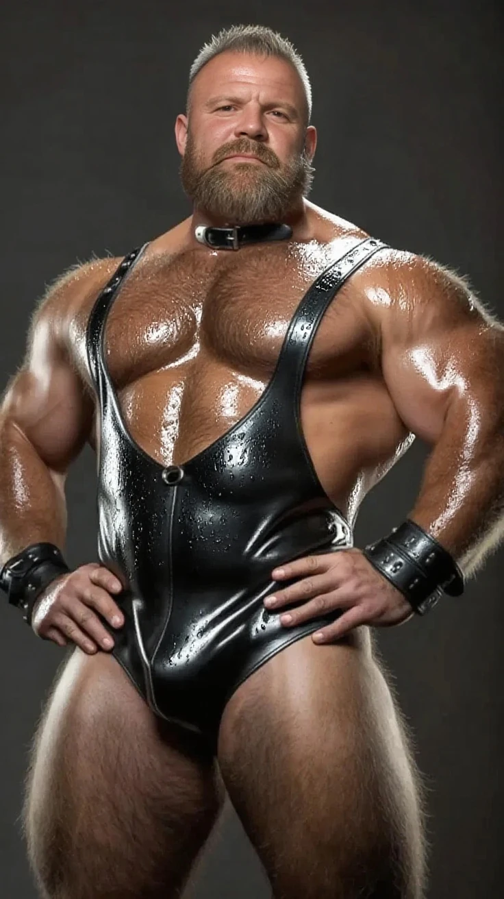 full body portrait, strong burly hairy mature older man(space captain), wearing futuristic captain's uniform insignia (neon and black) (open and revealing) (latex) , gray hair, reflective sunglasses (neon yellow rims), broad shoulders, round belly, thick feet, bulging micro thong, barefoot, scifi spaceship captain uniform, neon lights, best quality elegant masterpiece, face looks like Tom Selleck (Magnum PI) , military buzzcut, dark mustache, gray stubble, latex, wearing a latex thong, big bulging crotch, futuristic gear equipment, wearing see through plastic chest armor (neon yellow and electric blue), wearing neon yellow see through chest armor, wearing electric blue latex chaps(see-through) , wearing cool neon sneakers,in spaceship cockpit, lying in spaceship sleeping quarters(bed) (view from above), smiling with teeth showing, nicebulge, waiting in bed, glowing armor, legs up(!) and spread(!) , big muscle ass, wet and dripping ass, visible asshole(!) , wet asshole, hairy pecs, thick long legs,