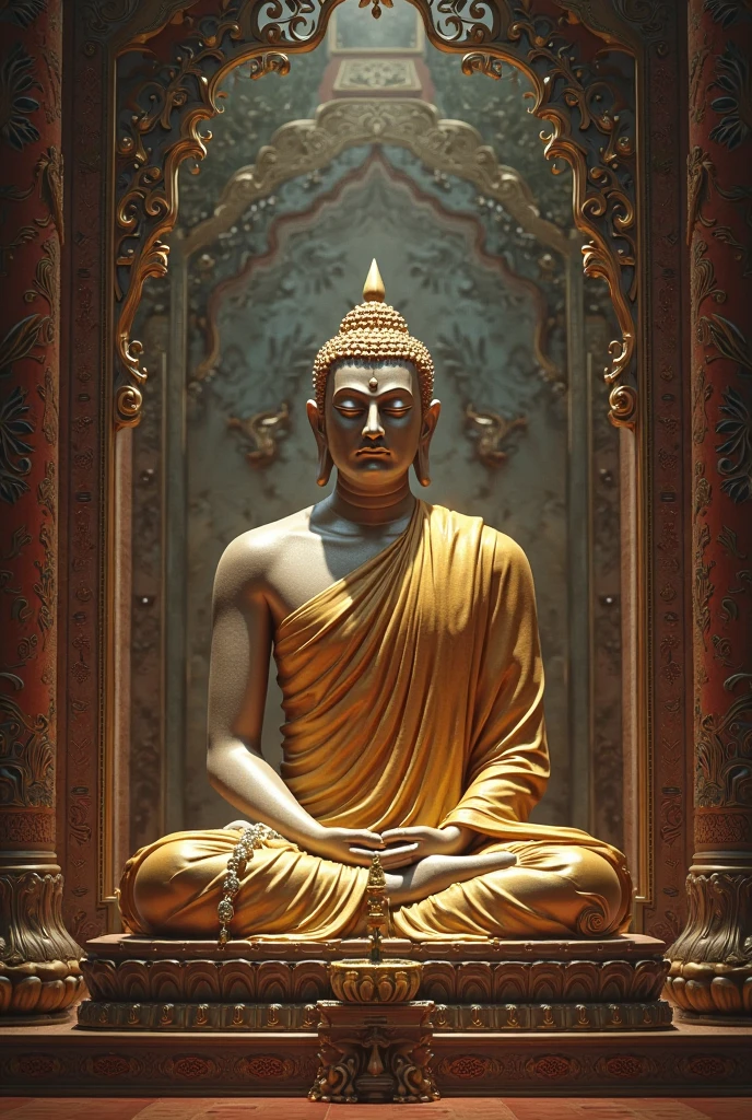 The golden Buddha statue sits on a lotus throne, There is a shining light overhead, surrealism, Chiaroscuro, Cinematic lighting, Vignetting, Fuji colors, f/2.8, hasselblatt, hyper HD, Masterpiece, ccurate, Anatomically correct, Super detail, High quality, Award-Awarded, Best quality, 8K