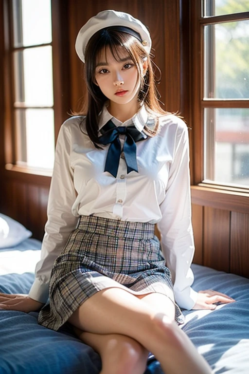 ulzzang-6500-v1.1, (Raw photo:1.2), (Photoreal), (See-through:1.3), (genuine:1.4), Arafa asian woman in uniform sitting on bed, cute high school girl, a hyperreal high school girl, dressed like a high school girl, hyperreal high school girl, real high school girl, japanese girl uniform, japanese , Young beautiful girl gravure idol, seifuku, wearing Japanese , of posing, super realistic stockings:1.3, sakimichan