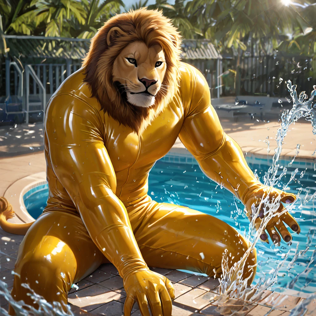 Anthro, anthro solo, realistic, anthropomorphic, body fur, 4k, hi res, detailed eyes, 8k eyes, eyes focus, colorful eyes, outdoors, pool, grass, large backyard, fence, wet bodies, blue eyes, open mouth, muscular lion male, in pool, in water, briefs, tail shown, digital artwork,(flat colors:1.2),(by adios, by k-9,by paintfox:.8), by delirost, by tritscrits, (detailed fur, detailed fur texture:0),(masterpiece, best quality, high quality, highres, ultra-detailed)