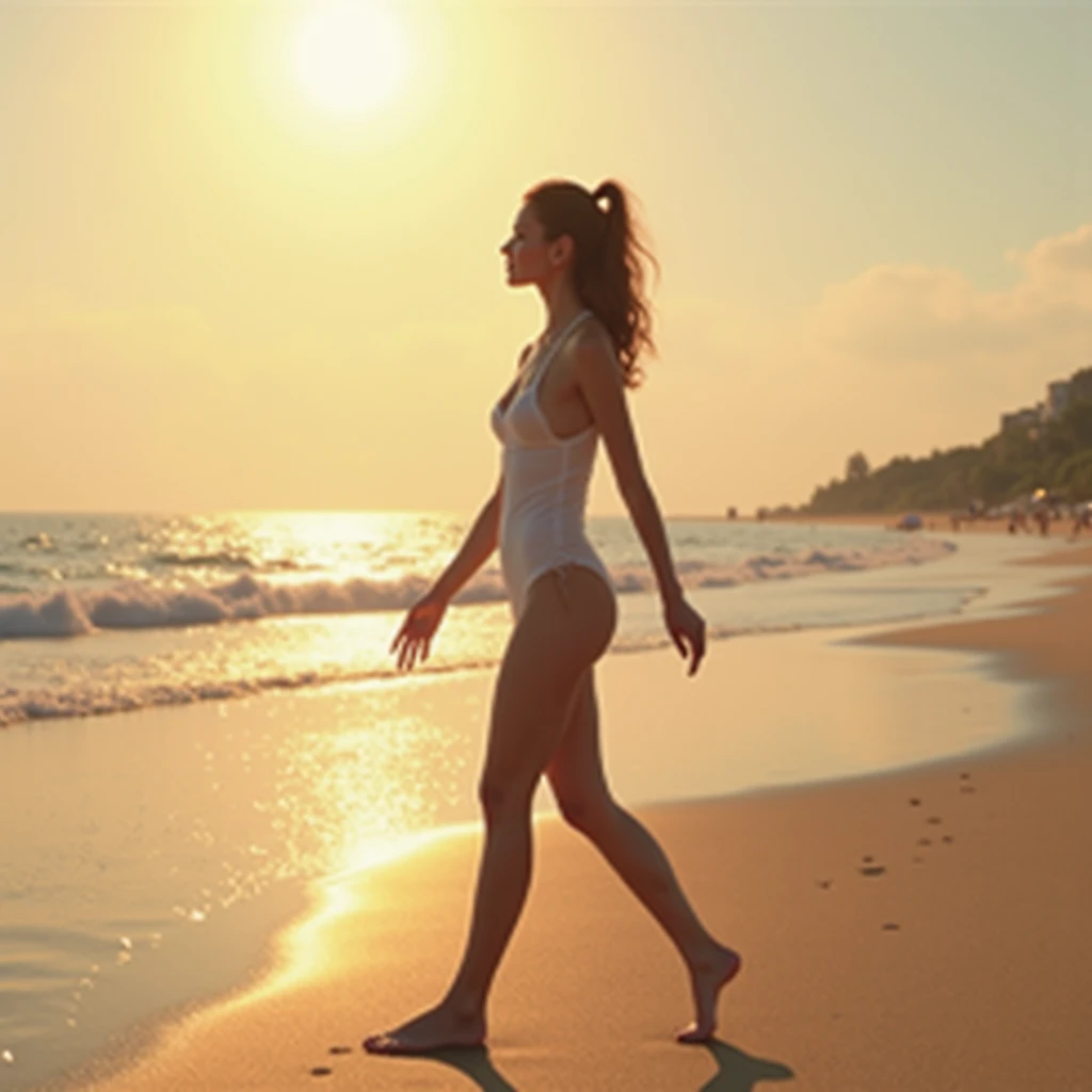A woman paints the center of the screen, a lone Japanese woman walking in the waves on the beach, a lovely perfect face with soft skin, a small face, a nasal bridge and rose lips, beautiful eyes, a kind smile, long, thin, beautiful hair, black and thin, bathed in a brilliant ethereal glow, the calm beach at sunrise, golden rays of sunlight from the horizon peeks out and casts a warm glow on the calm surface of the sea, gentle waves crash on the shore, leaving a foamy trail in the sand, seagulls soar effortlessly, their cries echoing in the distance, women enjoy the start of the day on the beach where the figures are quiet. (beige pants, retro color scheme sneakers)), high quality high resolution 8K masterpiece