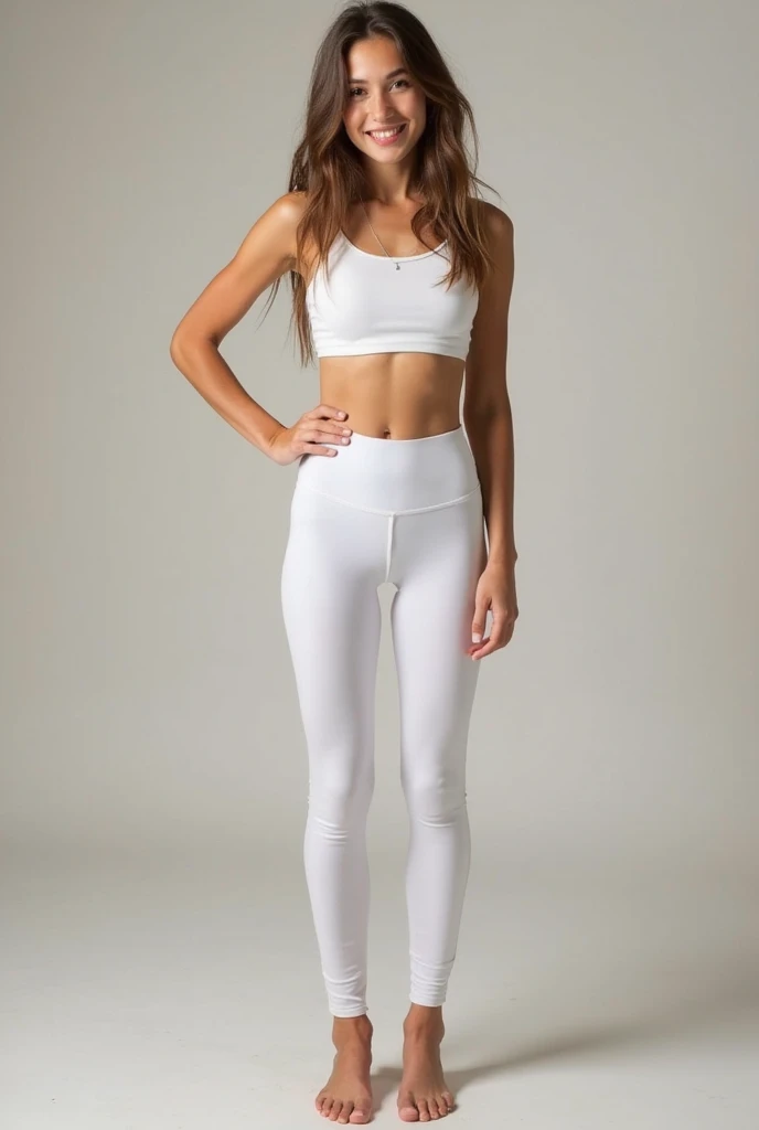 A sexy korean woman, long flowy blonde hair, glossy lips, plump body, long legs, heavy breasts, giant breasts, huge breasts, massive breasts, juicy breasts, succulent breasts, enormous breasts, braless, wearing casual white tight shirt with rounded-neck jersey short-sleeve, pink legging pants, high heels, stilettos, full body, standing on the floor, detailed body, at photo studio, white backdrop, dynamic light, 8K, masterpiece, ultra detailed, professional studio lighting.