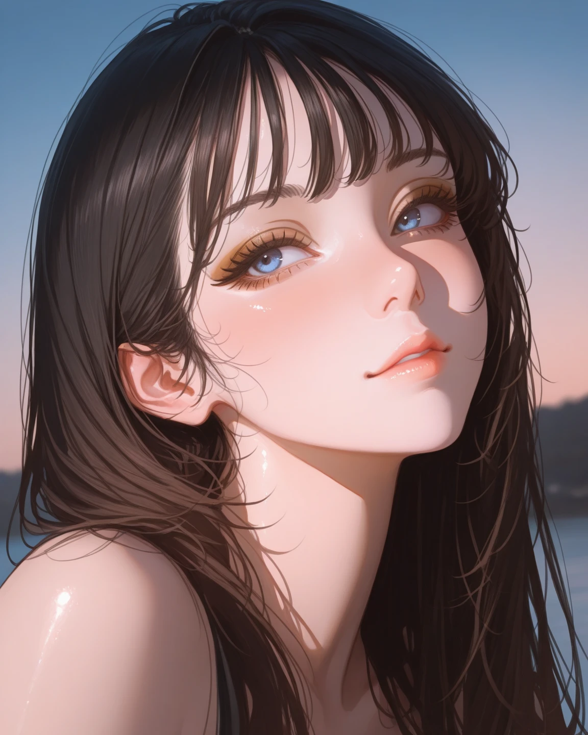 a masterpiece photo of 1 russian girl,Ethereal beauty,dream like,(delicate face:1.2),gray hairs,purple eyes,(cross bangs:1.1),(blooming eyes:1.2),nude,bare skin,deep sea,floating bubble,gloomy expression,Drooping eyelids,light from right,depth of field