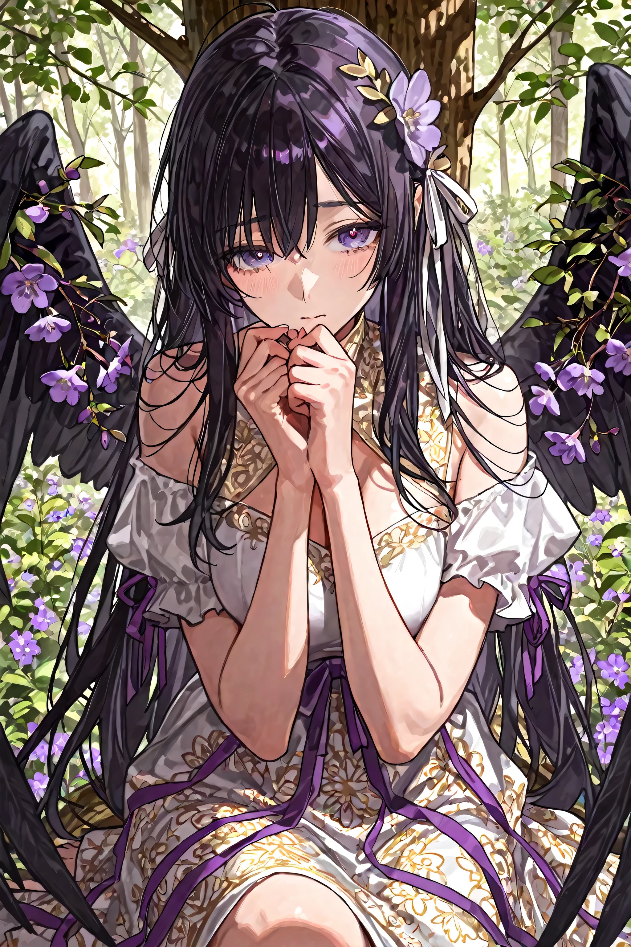 highest image quality, anime style illustration, An adult angelic woman crouched beside a tree trunk,In the enchanting forest. Her black long hair scattered over her shoulders, with big black feather wings behind her,Charming purple pupils。
She wears a white dress with a gorgeous golden pattern,with a gemstone in the middle。Her expression is filled with sad。with white feathers and purple flowers,A dress with golden patterns and soft ribbons,The ambient light through the top of the tree,There are many trees in the forest, filled with lush plants,creates a calm and slightly oppressive atmosphere。
