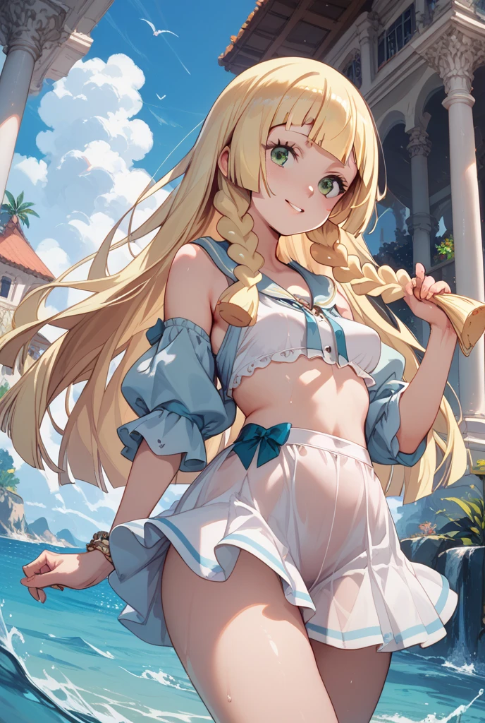 Highest quality, masterpiece, Ultra-high resolution, (Realistic:1.4), RAW Photos, Intricate details, Big beautiful eyes, Perfect contours, masterpiece, One Girl, ((Junior high school student)), Braided Bob, (aerial view:2), (perky breasts:1.5, high breasts:1.5), (curvy waist:1.5), Competitive swimmer, (one piece:1.5, turtleneck,Sleeveless swimsuit, Sandals), Clear metallic green swimsuit:1.5, Thin and tight high leg swimsuit:1.4, ((shoot from behind:2, looking away:2)), Portraiture, ((Standing on the edge of a cliff:1.5, Hesitant to jump:1.5, Incredibly high sheer cliffs:1.5, Stand at the highest point overlooking the surrounding area, peer down the cliff:1.5)), (Anxious expression、His mouth is twitching with fear), Wet Skin, (Underarm)