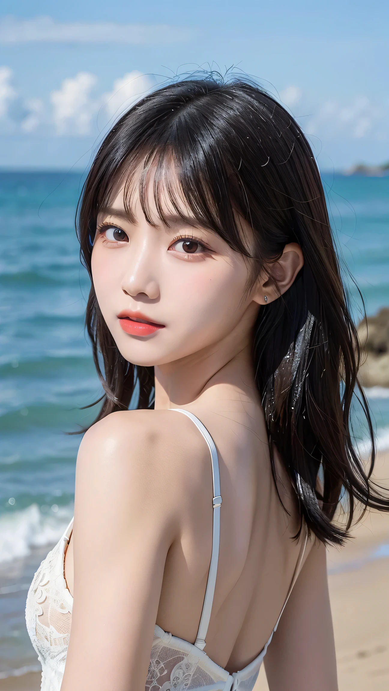 (8K portrait:1.1、RAW photo), (top quality, masterpiece:1.2)、(Ultra - High resolution:1.2)、(portrait, High resolution RAW color photos, professional photos)、super resolution、(realistic, real photos: 1.1、ortolate)、1 person、Super detailed, very detailed and beautiful, very detailed, amazing details、cute beautiful woman with perfect body: 1.4、slim big: 1.2、shiny skin、glossy lips、High-definition face and skin texture、detailed eye、double eyelid、(5 hands:1.1、human hand)、very detailed and focused chest、((long hair、curly hair))、(High definition breasts、A big smile), necklace、((sexy swimwear)), ((sexy bikini:1.2))、((whole body:1.2、Shooting from a distance 1.3))、shoot from the front、look at the sea、((Midsummer:1.2、I can see the sea:1.1))、((on a wide sandy beach、Mysterious background with visible horizon))、((back view、model shoot))