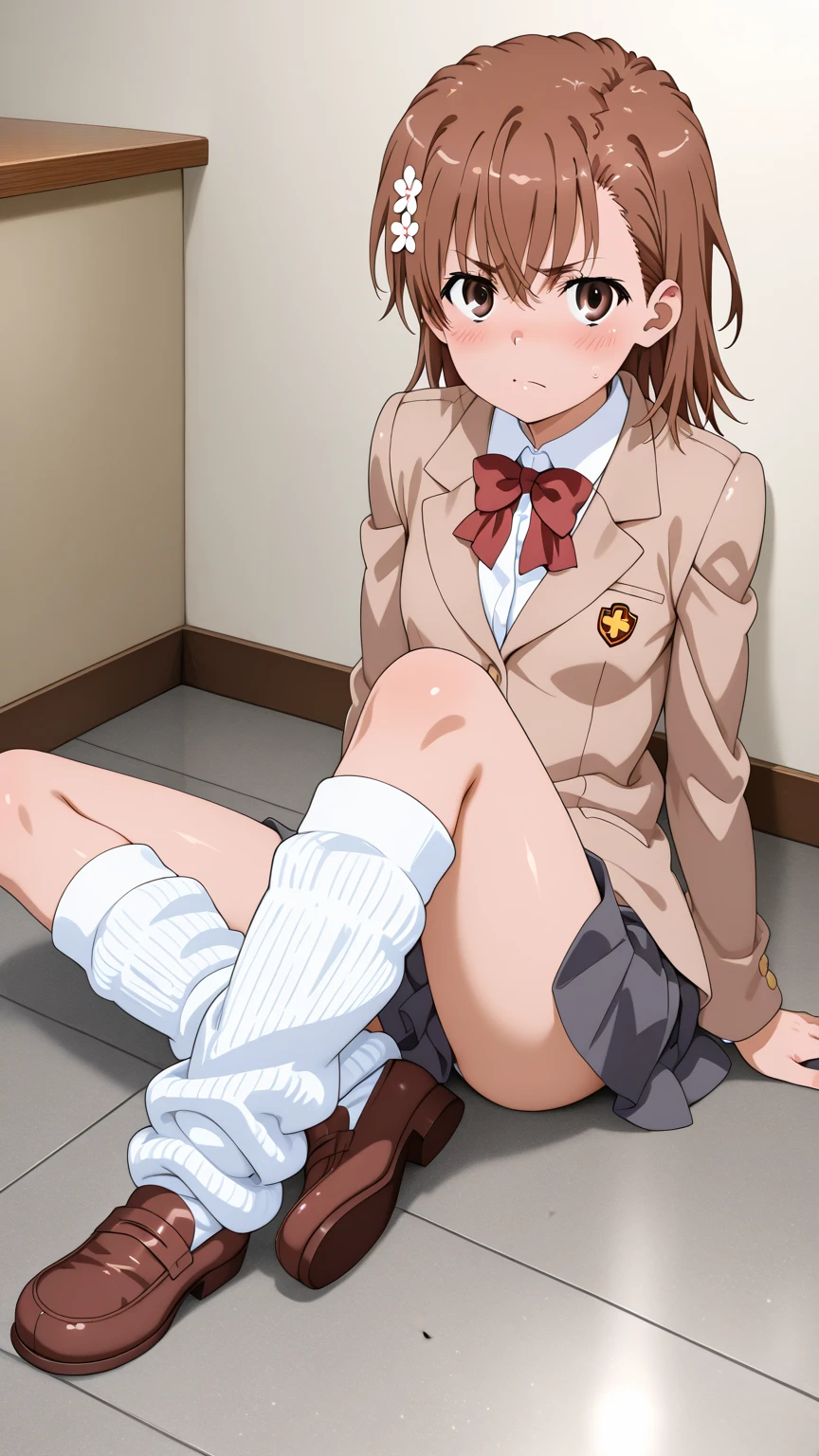 1girl, (suminoe_ako:1.3), sitting, (knees up:1.6), solo, blush, upper body, closed mouth, skirt, white shirt, (red necktie:1.0), looking at viewer, (brown:1.0), short sleeves, arms behind back, white panties