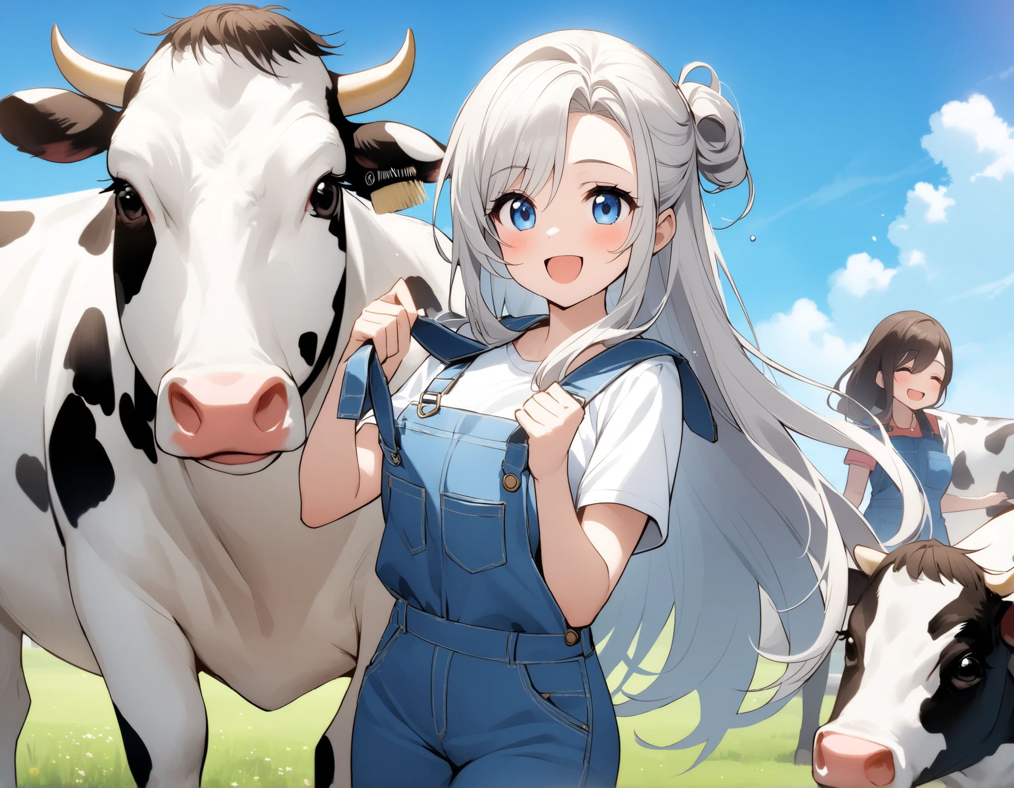 ((solo)), sfw, medium short, female, huge woman, muscular, minotaur girl, farmer girl, overalls, , cow horns, cow ears, cow tail, blue eyes, straight hair, long hair, two tone hair, black and white hair, cow bell collar, field, farm, athletic, tan skin, muscular thighs, broad shoulders