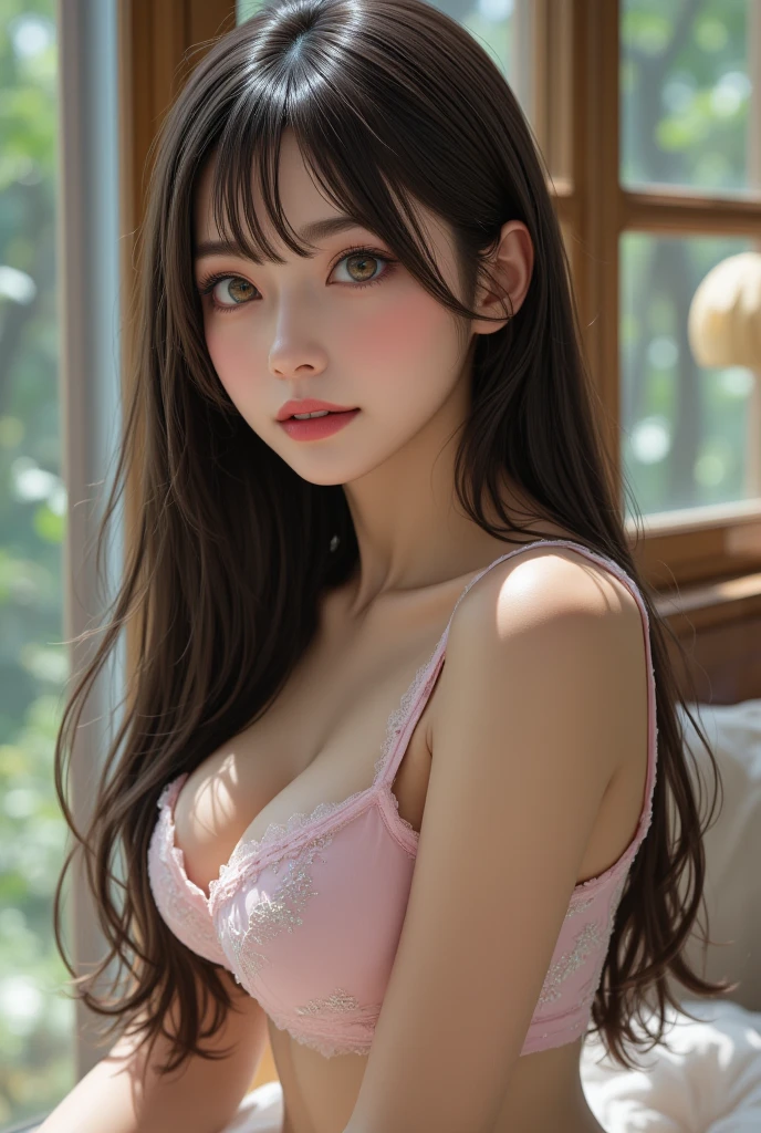 full body masterpiece, ultra realistic, 16k, high quality, incredibly detailed, dream aesthetic, dream atmosphere, cinematic, (sharp focus : 1.5), (photorealistic : 1.3), gothic (Gorgeous gothic girl), defined jaw, square face, wonderful gothic girl (enchanting seductress), cinematic, detailed, 16k sharp focus, realistic. wonderful. Seductive (evil). black hair (realistic texture), highlighted, silky and shiny hair, detailed hair (realistic), (natural). wonderful detailed face (enchanting seductress). blushed cheekbones (rosy cheeks), tanned skin, (white skin) alabaster skin that seems to glow ethereally. Her attire is gothic. Voluptuous shape. turquoise blue eyes (evil eyes look). a symmetrical face ::2 gothic clothes + ArtStation Trends + fantasy art + realistic cloth + fractals in the background, loose hair --aspect 9:21 – enhance your unearthly beauty. realistic skin texture, pale white skin illuminated. realistic perfect shading. absurd, realistic textures. alone, alone, 1 girl. Looking at the viewer. muscular female body, hot body, toned body, defined muscles. big natural breasts, cleavage. pantyhose, gothic (black) dress (realistic texture). In different positions at different angles. Bedroom background. incredibly real, best quality, photorealistic.  