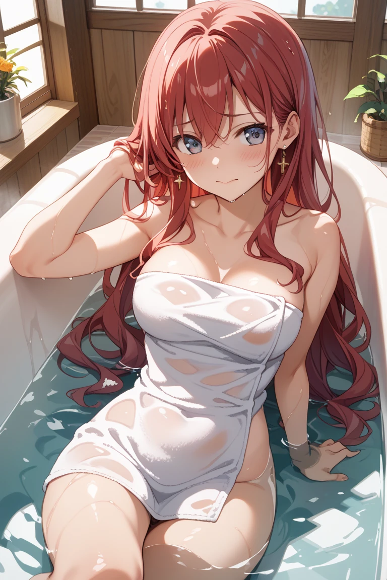 Naked ultra-small towel、Wet and see-through、a Pretty、Blushed、cleavage of the breast、thights、no brassiere、without panties、high picture quality、vivid、high detailes、Inseam、bath