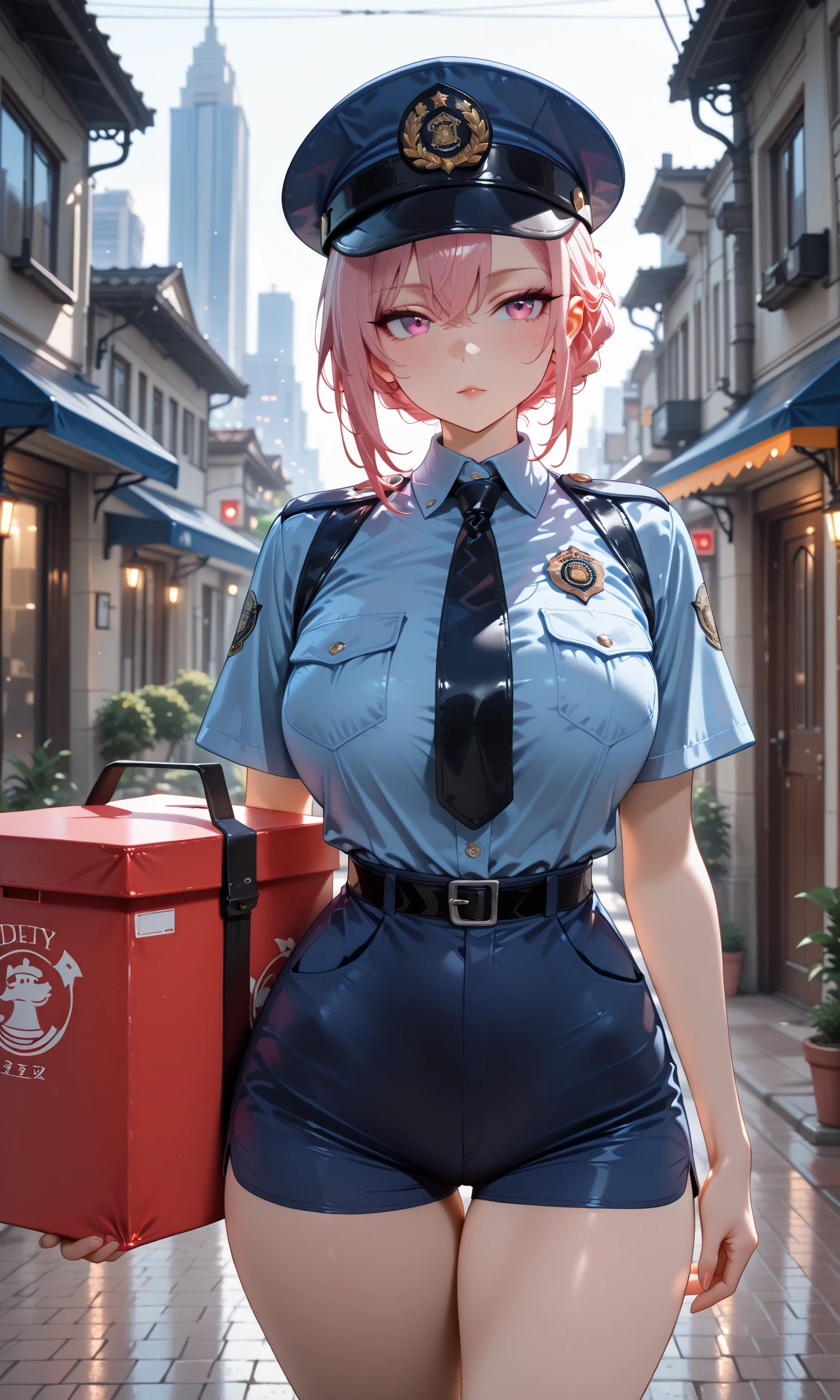 (extremely detailed CG unity 8k wallpaper),(masterpiece), (best quality), (ultra-detailed), (best illustration),(best shadow), (sharp eyeliner, eyeshadow, detailed eyes:1.1), (city background, police car,:1.2) 
,BREAK
SIGMCX, evil smile, large breasts
<lora:SIGMCX:1>