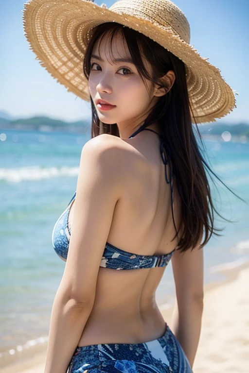 (photorealistic, best quality, 8k, masterpiece:1.2), beautiful Japanese girl, 20 years old, slender, detailed face, cute, kawaii, (wavy hair), (medium hair:1.3), (light brown hair:1.3), necklace, earrings, bracelet, (underwear with intricate floral patterns:1.5), (wearing straw hat:1.3), detailed eyes, (blue eyes:1.1), medium breasts, cleavage, (looking back at viewer:1.2), (arm behind head:1.2), (standing on a cliff:1.3), (close-up face:1.2), smile, confidence, BREAK sunrise, backlit, dynamic angle, upper body shot