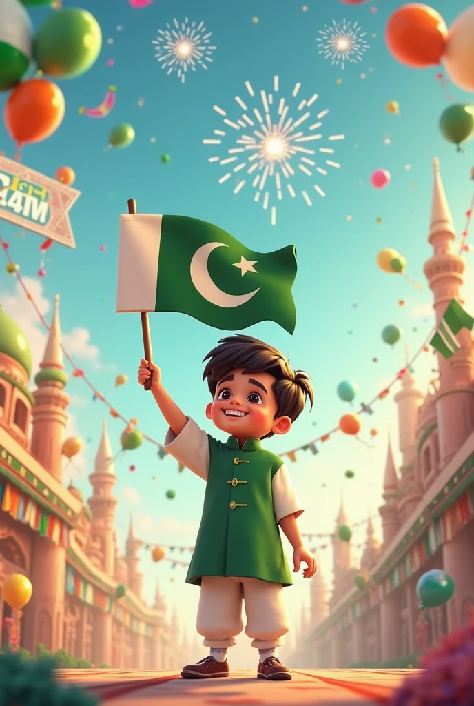 A real20"years old girl, Wearing green frock and white trozar_ sneakers and the name “ laiba is written on frock and the boy is standing on the road with holding a national flag of Pakistan and behind him is the Lahore And written on sky “Independence Day” Create Realistic image high quality..