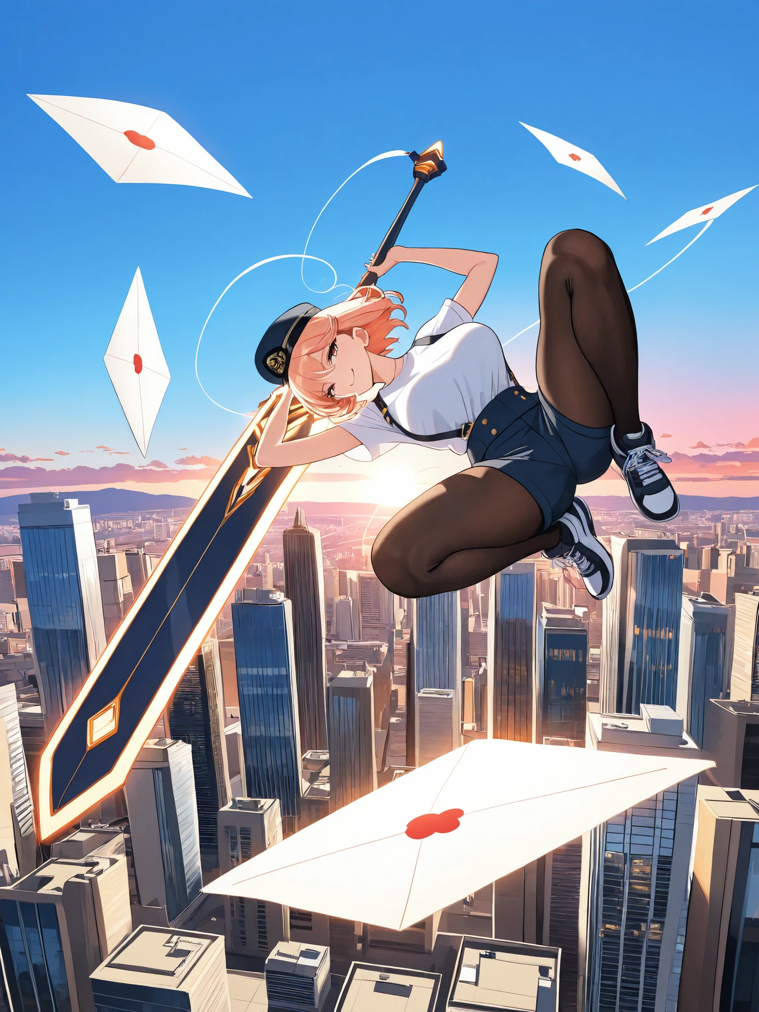 masterpiece, best quality, ultra detailed, anime style, adult large-breasted woman, sfw, post office hat, white short-sleeve t-shirt, suspender shorts, black stockings, sneakers, post office bag, clearly floating high in air, dynamic crouching pose, holding giant greatsword (her height), numerous swirling letters & postcards (clear postal marks, some open), detailed city skyline with tall buildings and skyscrapers, city below, sunrise, golden hour, warm glow, soft light, orange and pink sky, dawn, morning mist, ethereal atmosphere