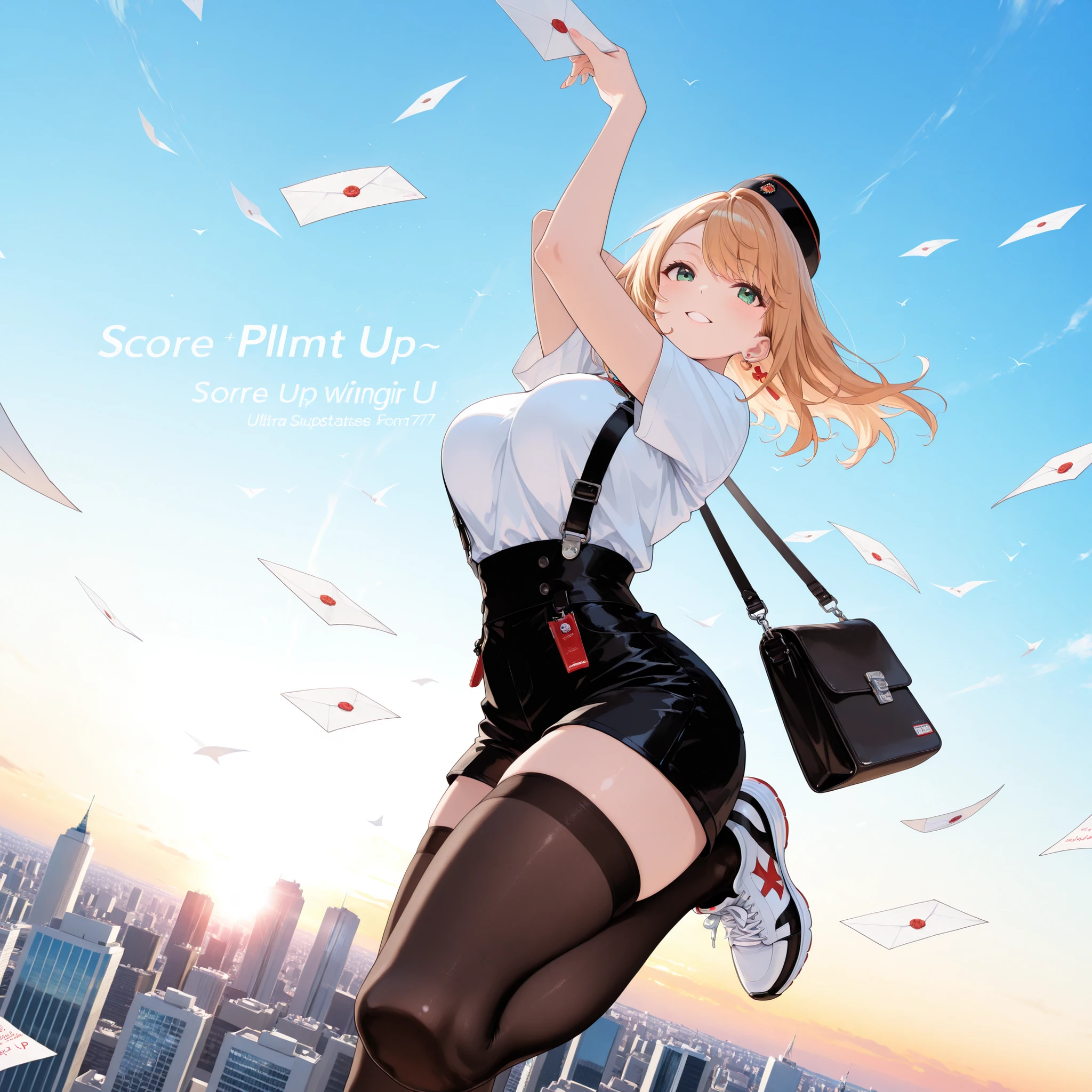 masterpiece, best quality, ultra detailed, anime style, adult woman, large breasts, sfw, post office hat, white short-sleeved t-shirt, suspender shorts, black stockings, sneakers, post office shoulder bag, floating in air, dynamic crouching pose, holding a giant swiss army knife, swiss army knife as tall as her, numerous letters and postcards swirling in the air around her, envelopes with clear postal marks, some open with visible text, paper flying, dynamic flow of mail, city skyline, city below, bright daylight, vibrant light, refreshing atmosphere