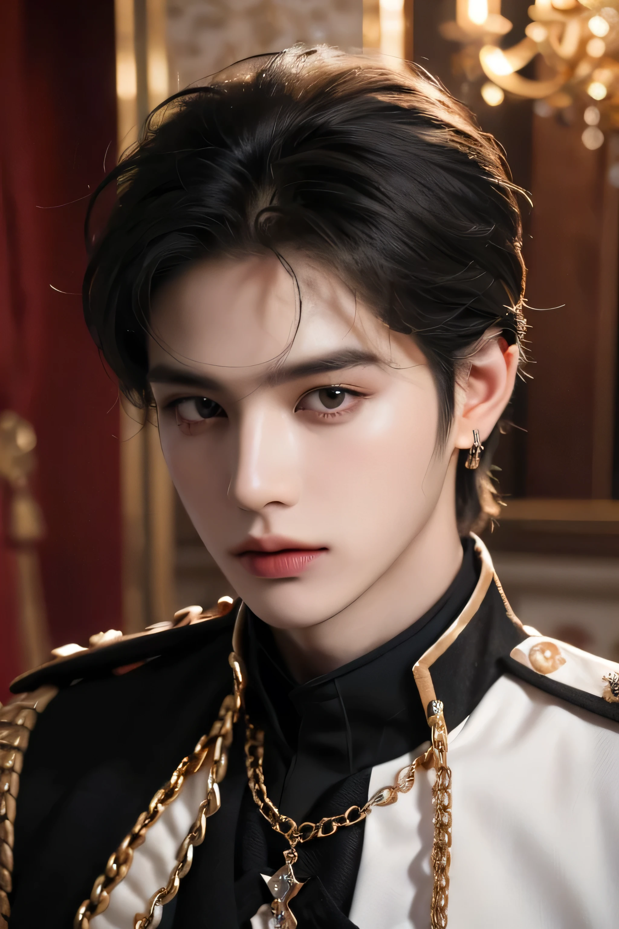 ((highest quality, 8K, masterpiece: 1.3)), Handsome boy in k pop model outfit, ((25-year-old man)), well-groomed face, black hair color, thin face, (white skin:1.5), black eyes, Super handsome, sexy eyes, Extra-fine face, handsome nose, small eyes and face, High resolution, detailed mouth, super slim, ((super popular k pop model)), ((wearing black royal prince outfit with gold)), ((black outfit)), black pants with gold buckle, standing in a ballroom with one hand in the pocket