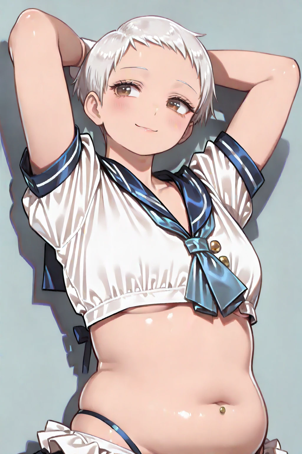 "(perfect masterpiece:1.2), (highest quality:1.2), stunning face, mature and chubby, Big eyes, compensate, long and luxurious eyelashes, lip whole, irresistible charisma.",belly button,(((boy dressed as a woman))),(((very short hair))),abs,raised his arms,((((sailor suit)))),(((muscle))),gray hair,(((mini skirt))),pixie cut,fang,(((smile)))