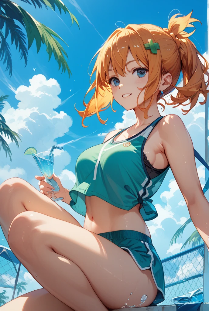 BREAK Perfect Anatomy、(High resolution:1.2)、Incredible illustrations、(Cute illustrations:1.2)、 （Beautiful background) 1 girl(Curly short cut, aqua hair)(Holder neck swimsuit, sunglasses)(Soak in the vinyl pool and drink canned beer in the garden)
