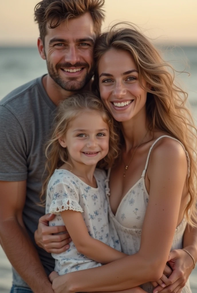 blonde child with blue eyes together with her father dark brown hair and brown eyes and her mother blonde green eyes long hair in Monaco 8k ultra realistic photorealistic
