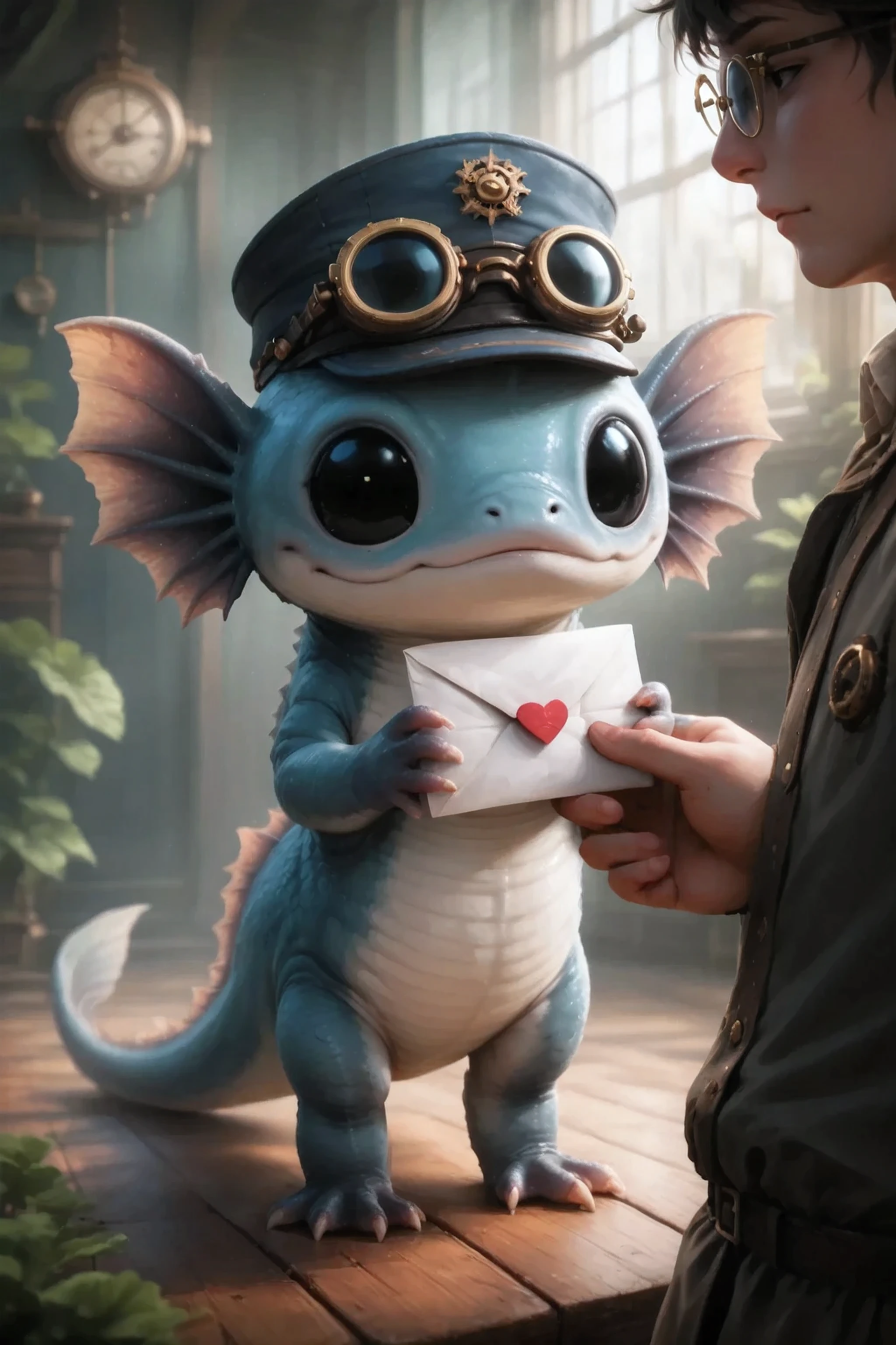 Creature Close-up Male hands in the frame hand a letter in an envelope to a creature standing on a wooden floor. The creature's head has a blue postman cap and steampunk aviator glasses. Cute creature on 4 legs Character_Fuli, The light falls, illuminating the dust in the room and giving long soft shadows. , steampunk aviator glasses on his head.
masterpiece, best quality, ultra-detailed, A cinematic emotional static frame, 8K UHD, extreme detail, physical-based rendering, HDR.
Unrealistic image, fantasy genre, dramatic lighting. Highly detailed digital art style, (SFW:1.3).