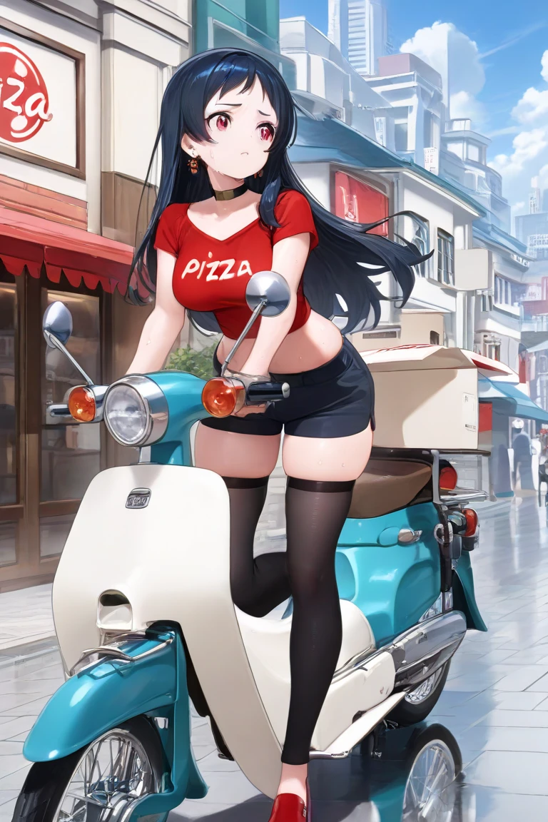 Girl, wearing a bikini, delivery, riding a motorcycle, holding a sushi tub