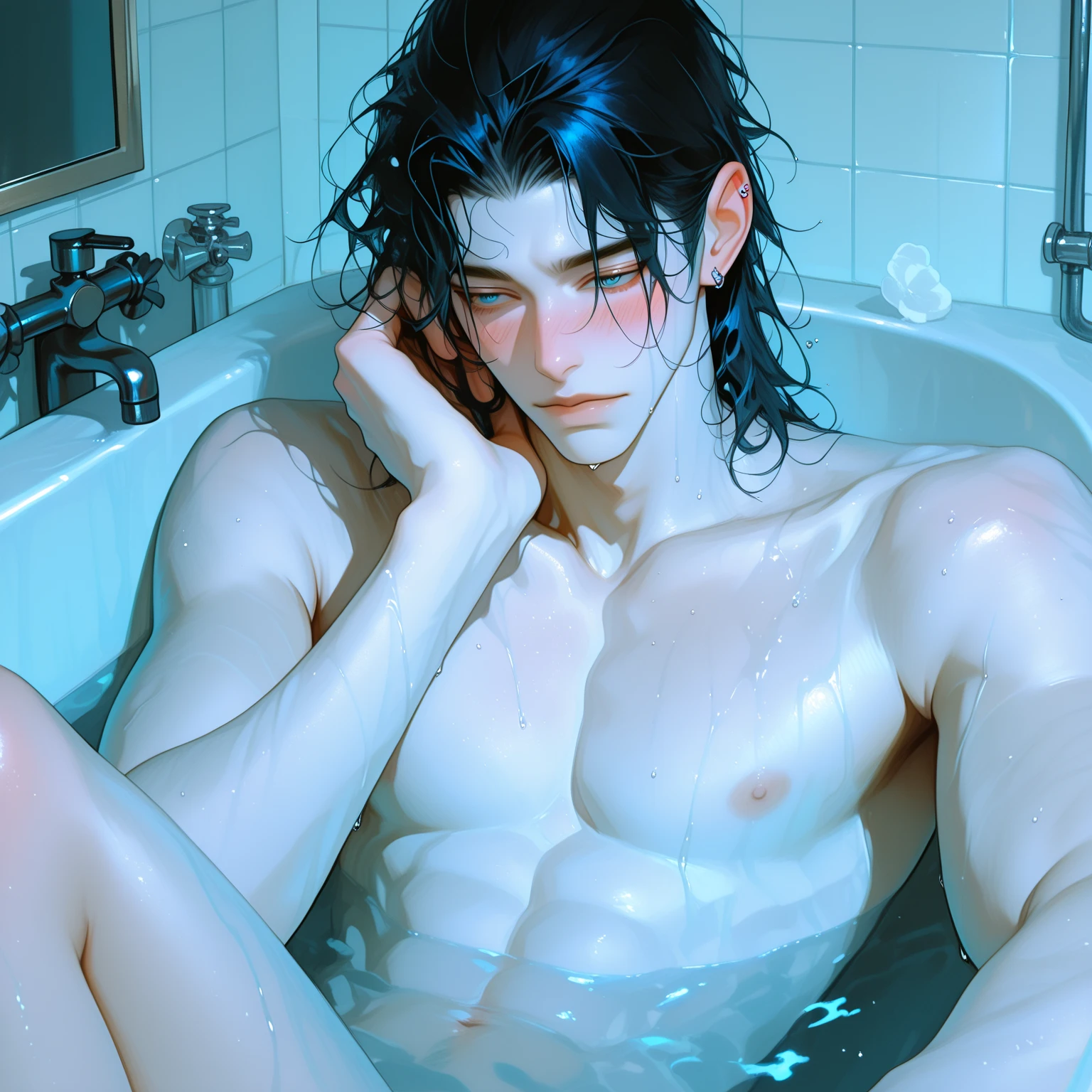 anime boy taking a bath in a bathtub with rose petals, wet body, bathtub, bubble bath, high quality fanart, bath, Beast, at pixiv, official fanart, pixiv, detailed fanart, relaxing, levi ackerman, in bathroom, relaxing environment, relaxing mood, by Shingei, anime asthetic, relaxing concept art, wet anime boy, with rose petals in the bathtub, beautiful atmosphere, hot anime boy, cute beautiful man, wet body, green eyes, black hair