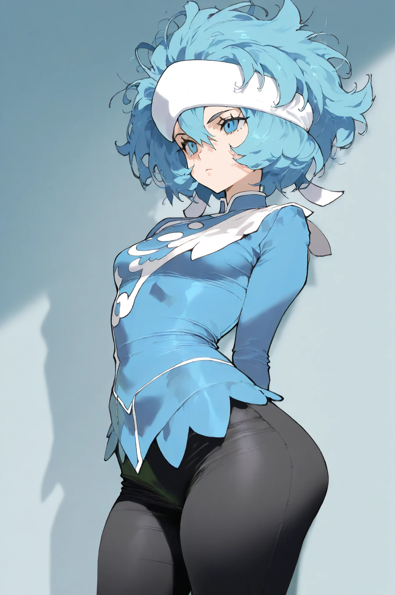 masterpiece, best quality, <lora:TwoDrakenGardV2 - AnyLora-000080:1>, two, 1girl, bikini, skirt, scarf, hair_flower, blue rose, short hair, blue elbow gloves, blue pantyhose, medium breasts, cowboy shot, from behind, (ass:0.8) ,<lora:ButtLiftV14-000080:1>, ButtLift, ass support