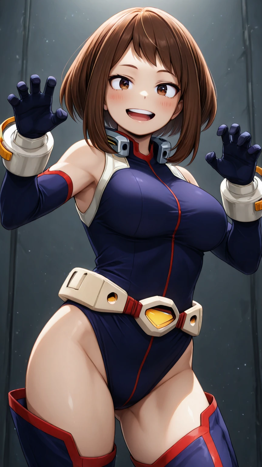 score_9, score_8_up, score_7_up, score_6_up, score_5_up, score_4_up, Sexy, Superheroine, strong, asian, short hair, black hair, busty, curvy, ((Blue highleg leotard with a t-back thong, a black jacket and a gold star insignia on chest)), black fingerless gloves, black and purple sneakers