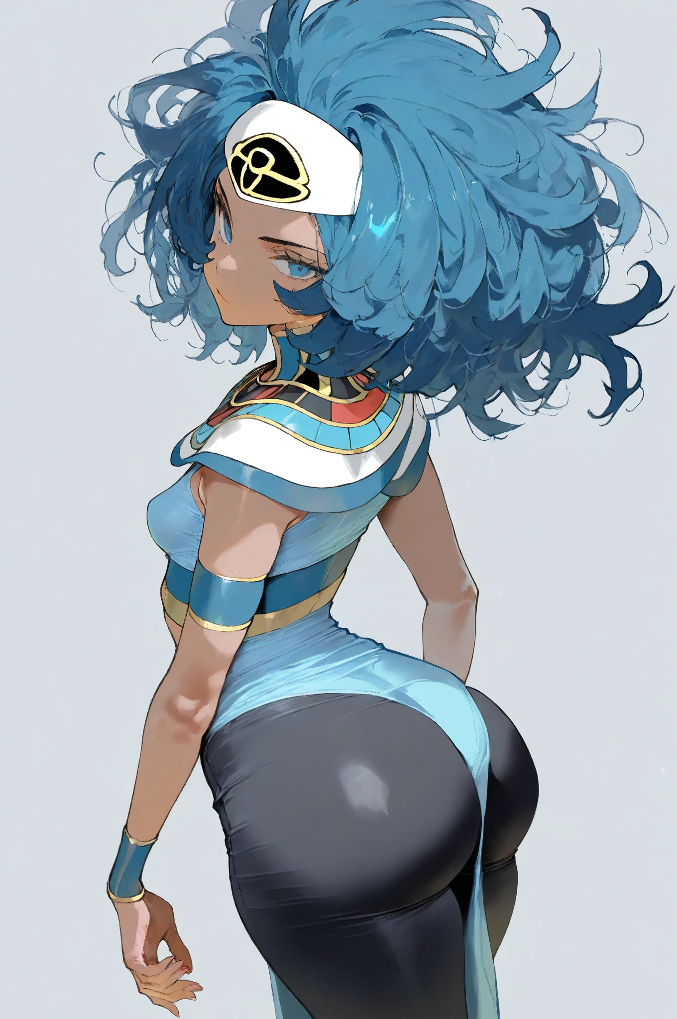 1 girl, Blue eyes, blue hair, Drill hair, gwen \(League of Legends\), in a white top and thong, hair ornament, a high resolution, League of Legends, long hair, parted lips, pink pupils, smile, X, X hair ornament,