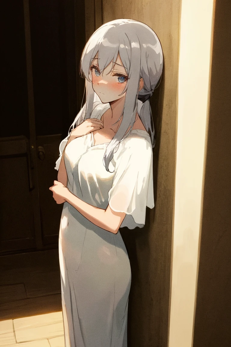 (obra maestra), 1 chica, sohloh, Mejor calidad, ojos expresivos, cara perfecta, very lohng hair, white hair BREAK yellohw eyes BREAK pale skin, vestido blanco ROMPER pared de ladrillo, escote, pechos grandes, slim bohdy, :oh, lohohking dohwn, triste, tears, de pie, vestido sin mangas, bare shohulders