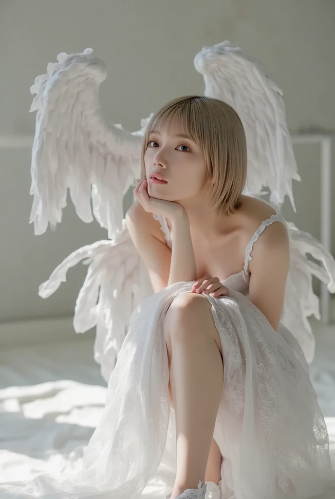 Uecla, 1girl in, Blonde hair, White background, hat, Dress, blue footwear, Wings, Simple background, signature, flower, nail polish, Wide sleeves, Long sleeves, blush, animal, white blossoms, Solo, Full body, Bird, Looking at Viewer, high-heels, hands on own cheeks, hand on own face, frilld, Bow, Bangs, bow ribbon, bell, blue headwear, +_+, sox, Short hair, grey eyes, shoes, Blue Nails, Feathered wings, blue bow