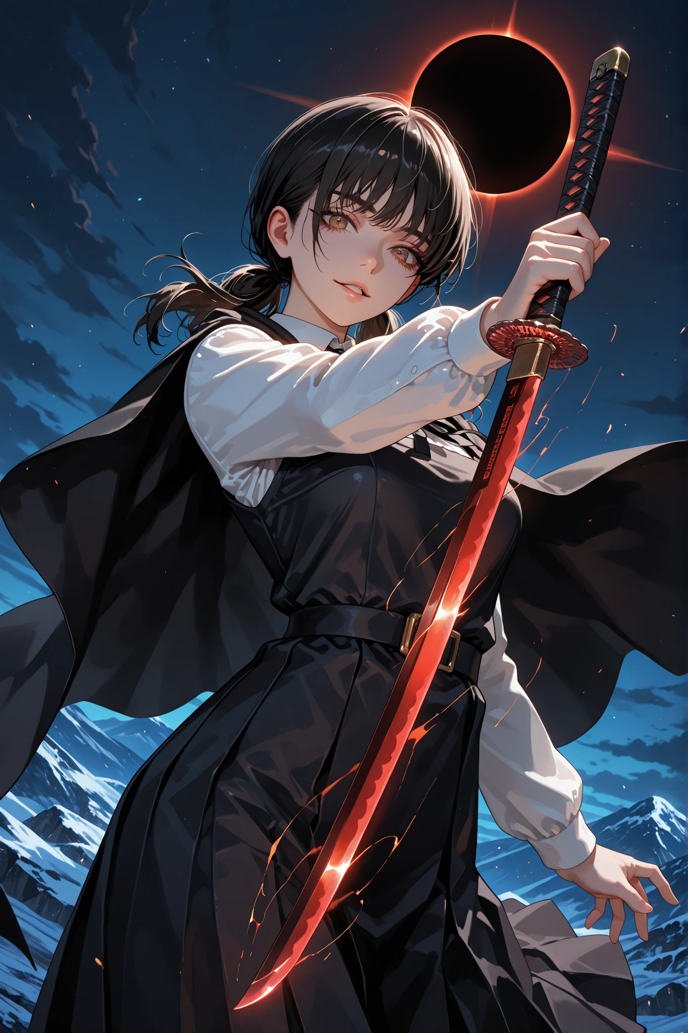 1 girl , Mitaka Asa, long hair , low ponytails , brown eyes , pretty eyes , detailed eyes, long eyelashes, beautiful eyes, beautiful face, beautiful hair, medium breasts, school uniform, black dress, pinafore dress, sleeveless dress, white shirt, black ribbon, neck ribbon, long sleeves, black cape, standing, in mountain, night, eclipse, looking at viewer, holding a katana, sword drawn, sword slash motion, glowing blade, detailed hands, dynamic pose, dutch angle, parted lips, psychopathic smile, close up, provocativ, top quality, supreme masterpiece, ultra detailed, very aesthetic