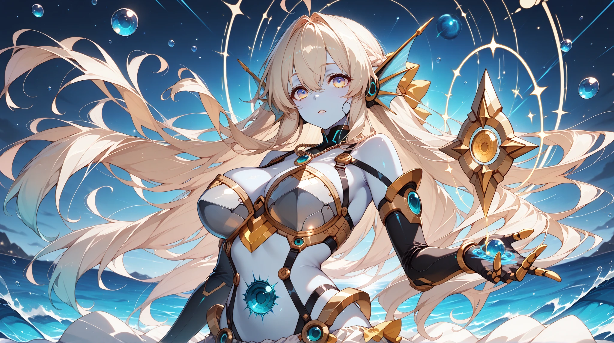 top-quality、Top image quality、masterpiece、girl with((18year old、Best Bust、big bast、Bust 85,beautiful golden eyes、Breasts wide open,Blonde long hair、A slender、Large valleys、Gold Bikini、Goldcloak,Reflecting the whole body、Open your arms、Luminous Eyes、Gold ring on wrist))hiquality、Beautiful Art、Background with((nigh sky、black clouds、Golden Thunder、Intense thunder、Blue Thunder、Red thunder)))masutepiece、visualart、depth of fields、The sky at night
