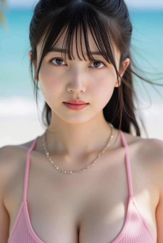 ((Highest quality)),((8K、32k)),(Genuine)、(detailed)、((Beach))、((Bust up shot))、((face closeup))、(White skin)、(Big Breasts)、The best balance between face and shoulder width、Micro Bikini、Shiny Hair、Short Bob、Glowing Skin、Japanese、beauty、Looking into the camera、Thick lips、kawaii、Hehehe:1.2、Shot with a film camera、RAW shooting、#24、Genuine、フォトGenuine:1.4、Photon Mapping、Physically Based Rendering、Perfect ???????、detailedなデコルテ、detailedな目、detailedな二重、detailedな咬筋、detailedな鎖骨、Perfect Fingers、Finger Description、(品質 8K)、((White skin))、Avoid mascara、Hair with movement、detailedな毛穴、Natural light、detailedな描写、Blushing、Fine pores、Perfect cleavage、masterpiece、Blushing、detailedな腹筋、sexy、detailedな脇の下、(slender)、(Upper Body)、detailedな目元、1 person、