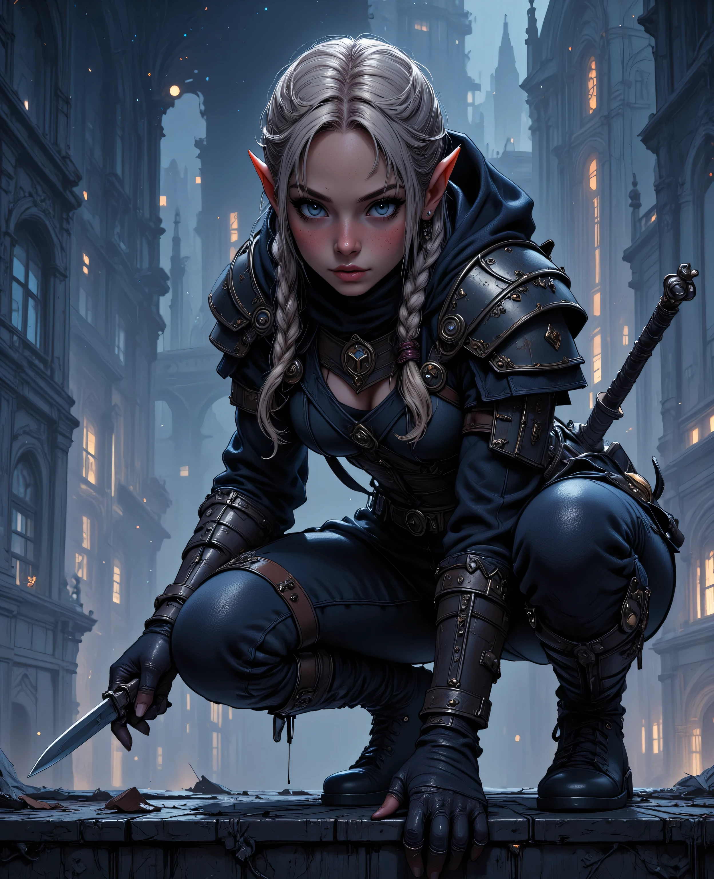 zavy-ctcmcs,hyp3rd3tail style,Niji Stan Katayama Style,midjourney , ,arafed, high details, best quality, 16k, [ultra detailed], masterpiece, best quality, (extremely detailed), dynamic angle, ultra wide shot, RAW, photorealistic, fantasy art, dnd art, rpg art, realistic art, a picture of female elf, epic fantasy thief crouching on roof top in urban fantasy city, ready for action,  blond hair, braided hair, fair skin, intense bright eyes, armed with dagger, dynamic position, small pointed ears, dark armor, high heels boots, plenty of buildings, a temple in the background,  tense atmosphere, night, stars light, moon light, moon rays, stars, best details, best quality, highres, ultra wide angle
