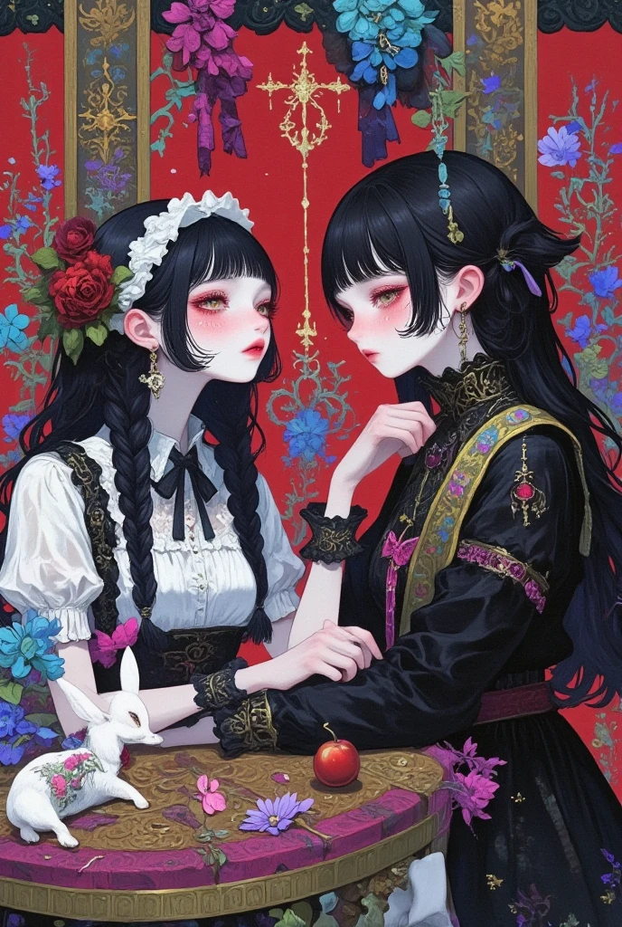 On a bright red campus"YES"Character、Beautiful Hardcore Illustration Homepage Illustration Style, Dark, High resolution, Hard-touch illustration, strong contours, Two girls, Gothic & Lolita style, Gothic & Lolita Fashion, 8K, American comic book style, Colorful background, Hiroyuki Nagasaka, aggressive, Beautiful face, Cool Beauty, Dress, Beauty style, Rainbow Color, buttle, hard illustration, brown haired, two people, Halloween, Rose, Backwards,