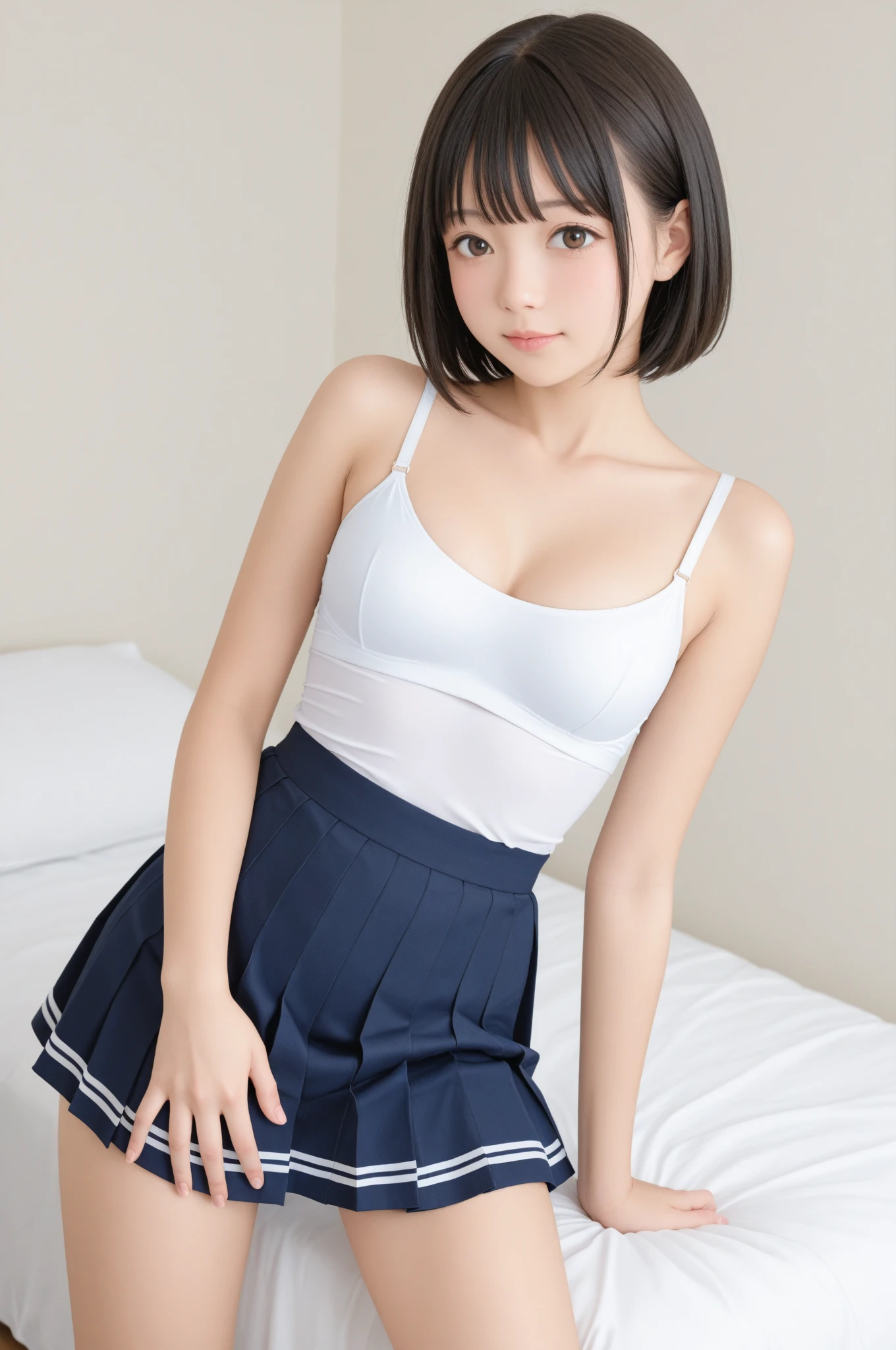 Young, elementary school student, black hair, twin tails, young breasts, white one-piece dress, crawling on all fours, protruding nipples, smiling, sexual mischief, small ass, anal expansion