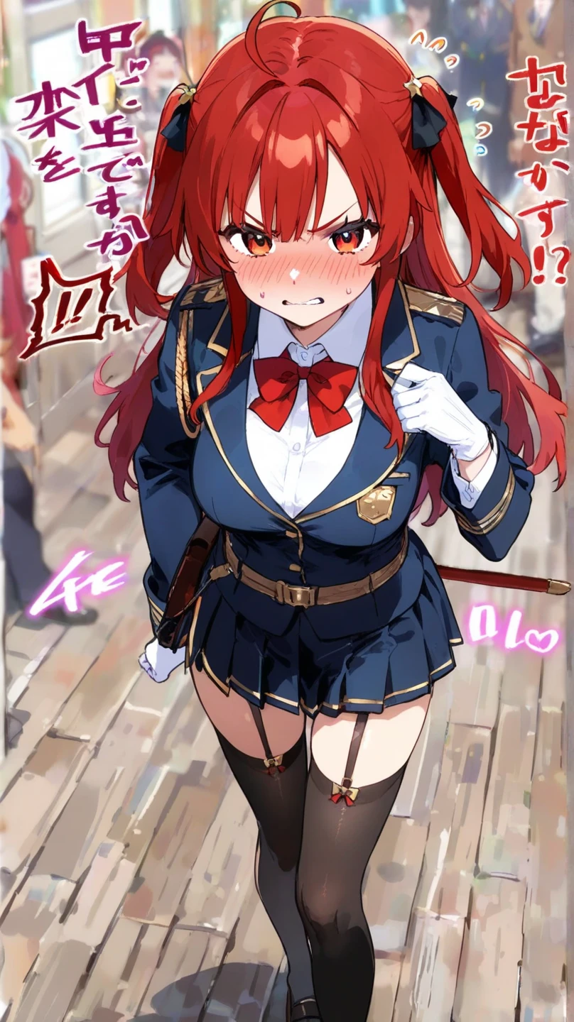 Marching band drummer girl,School playground,Dressed in red and white,Skirt,Pee leak,Staining clothes with urine,Holding a stick,両手でSkirtを抑える,Futomo,Emphasis on embarrassment,blush,spill liquid from crotch,Lace-up boots,a sunny day,Black-haired,Wearing a hat with a white feather