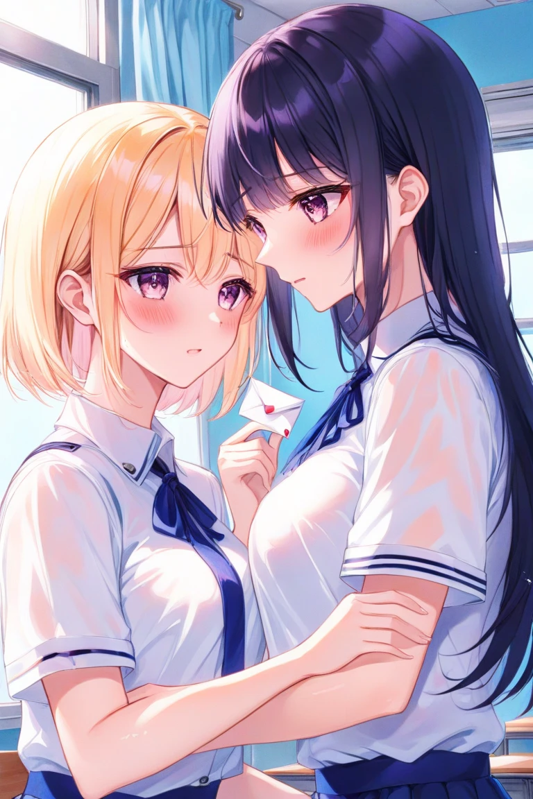 2girl,face close up, focus on tongue,looking at viewer, yuri, kiss, drooling、face to face,tongue out,licking tongue,, sweaty, nsfw,,gyaru, collarbone, bow, loose bowtie, white shirt, collared shirt, long sleeves, bracelet, wrist scrunchie,blue skirt, pleated skirt,
clothes around waist, naughty smile, disgusting, disdaining,licking each other's tongues,low angle shot,{{{cum on tongue:1.5}}}