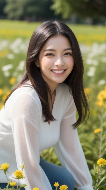 ((highest quality)), ((8k)), ((masterpiece: 1.3)), (Photorealism: 1.6), (A Japanese woman walking along the riverbank), (Outdoor), (Beautiful view of the river bank: 1.4), (Basking in the sunset from the side), (Precise appearance), (Blurred Background: 1.8), Japanese Mature, (58 years old), ((Realistic skin texture)), (Fine wrinkles appear all over the skin: 1.0), Dullness, Unmoisturized skin, Facial wrinkles, Wrinkles around the eyes, (double eyelid: 1.0), Crying Mole, Her lips are slightly open, She is smiling gently with the corners of her mouth raised, Dimples, Short bangs, short hair, Hair that is messy and windblown, Soft fabric blouse, Wide sleeves, (The bottom of the blouse is tucked into the skirt: 1.2), flare skirt, High heels, Small breasts, Small nipples, (whole body), (Angle from the feet: 1.4),