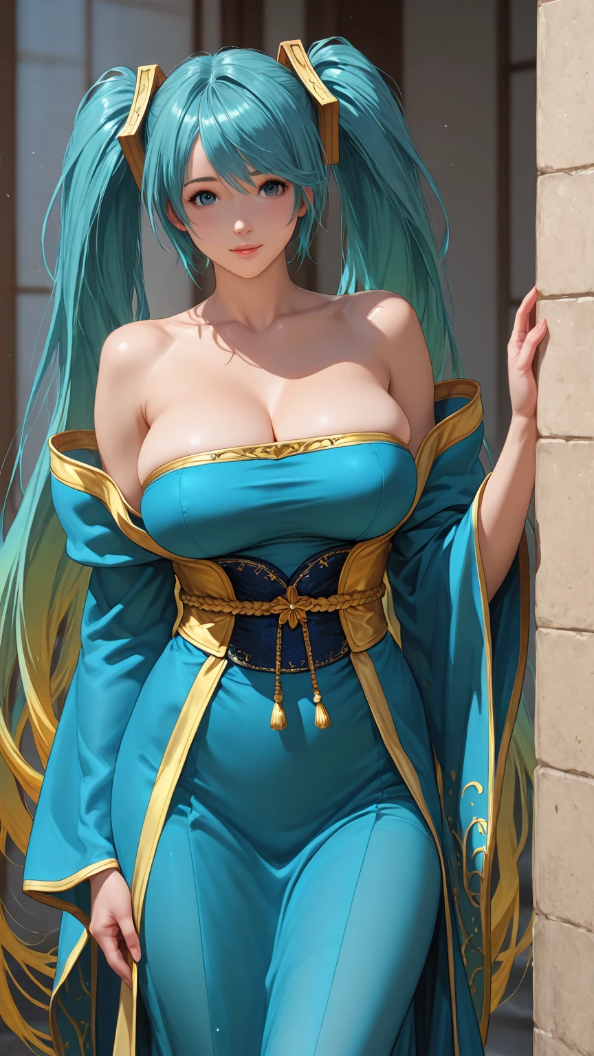 sona, 1girl, solo, extremely delicate and beautiful woman, mature, slim body, smooth body, beautiful detailed face, cute and handsome face, elegant, gentle, neat and clean, clear and fair skin, young and feminine figure, sexy, gorgeous, elegant, large breasts, round breasts, (nsfw:1.2),
BREAK blue hair, blue eyes, gradient hair, twintails, hair ornament, long hair, embarrassed, blushed, shame,
BREAK ((off shoulder, blue dress with gold trim, cleavage, wide sleeves, nipples, breast out)),
BREAK (cowboy shot, standing, looking at viewer),
BREAK ((fantasy town)), BREAK (absurdres, highres, ultra detailed, masterpiece, best quality:1.4), (detailed background), high contrast, hyper detail, intricate details,
BREAK (best illumination, an extremely delicate and beautiful), soft shadows, dramatic light,, full body (NSFW breasts), hdri, extremely naked, nude, nua, pelada, nsfw, gigantic breast 1.9