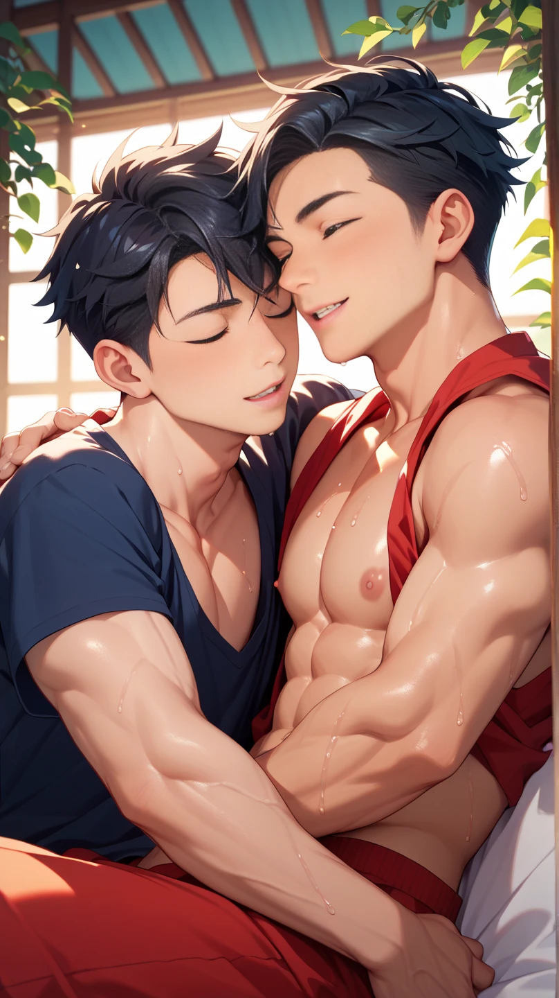 2 gay wet males in swimming trunks kissing in a stall