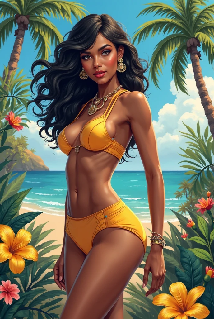 blurred image of a woman in a bikini and shorts, personagem da disney, Pocahontas, princesa jasmim, personagem da disney style, pele bronzeada, camiseta e shorts, Disney art style, vestindo uma camisola e shorts, estilo de arte da Disney, vestindo uma regata e shorts, close-up de corpo inteiro, margarida duques, queixo